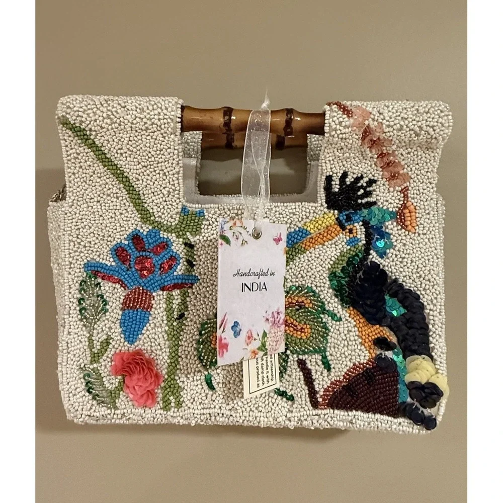 Handcrafted‎ In India Beaded Bag Toucan Tropical Flowers Bamboo Handles NWT